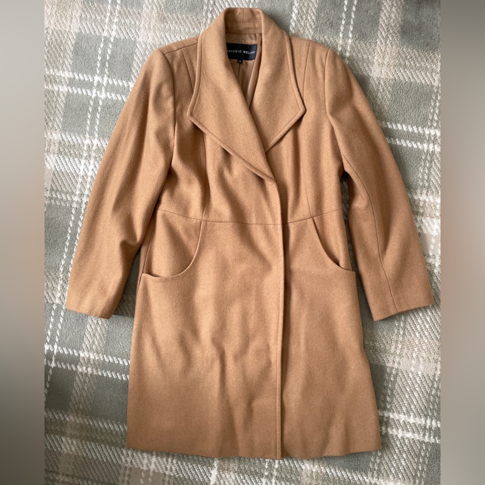 Antonio Melani wool blend camel shawl collar coat 10
